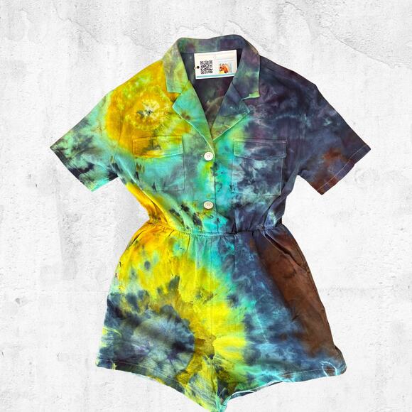 Ice Dyed Romper - Tie Dyed Upcycled - Pockets Soft Summer Spring (Women's Small) - Picture 2 of 14